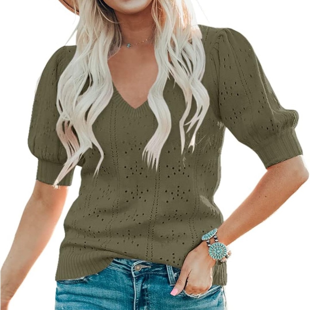 Women's V-neck Sweater Green Olive Short Puff Sleeve Loose Knit Dot Pullover